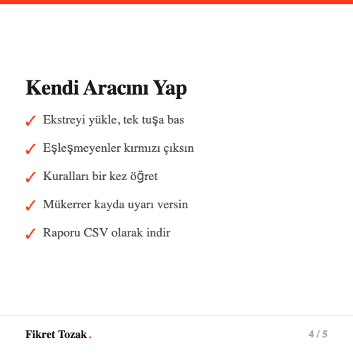 Kendi mutabakat aracını yap - Ekstre yükle, otomatik eşleştir, rapor al