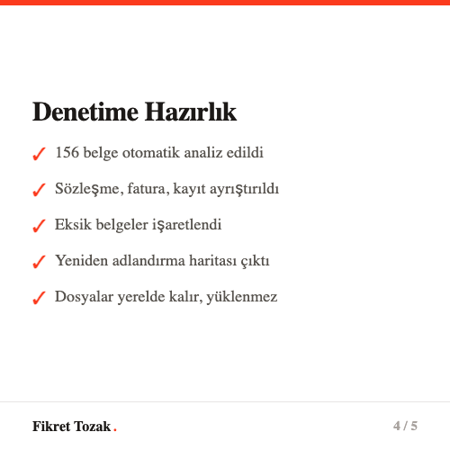 Denetime hazırlık - 156 belge analiz edildi, eksikler işaretlendi