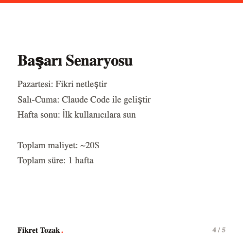 Başarı senaryosu - Pazartesi fikir, Salı-Cuma geliştirme, hafta sonu kullanıcılara sun, toplam maliyet 20 dolar, süre 1 hafta