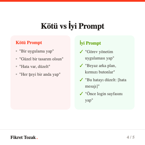 Kötü vs iyi prompt örnekleri - Pratik karşılaştırmalar
