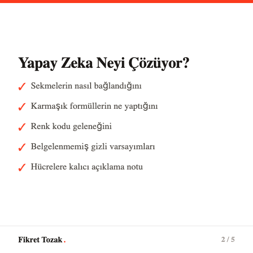 Yapay zekanın Excel dosyanda çözdüğü şeyler - formüller, sekme bağlantıları, renk kodları, gizli varsayımlar