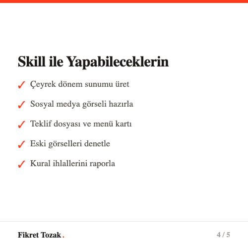 Marka skilli ile yapabileceklerin - Sunum, sosyal medya görseli, teklif dosyası, menü, denetim