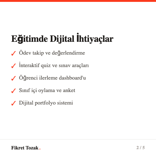Eğitimde dijital ihtiyaçlar - Ödev takip ve değerlendirme, interaktif quiz, öğrenci ilerleme dashboard, sınıf içi oylama, dijital portfolyo
