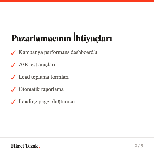 Pazarlamacının ihtiyaçları - Kampanya dashboard, A/B test, lead toplama, otomatik raporlama, landing page