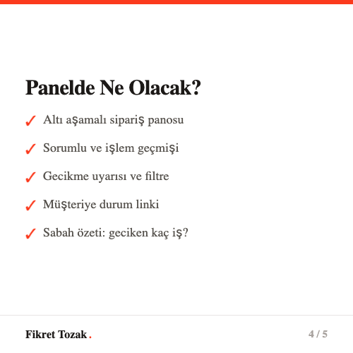 Süreç takip panelinde olması gereken özellikler - aşama panosu, sorumlu, gecikme uyarısı, müşteri linki