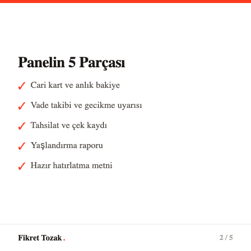 Tahsilat panelinin 5 temel parçası - Cari kart, vade takibi, tahsilat kaydı, yaşlandırma raporu, hatırlatma metni