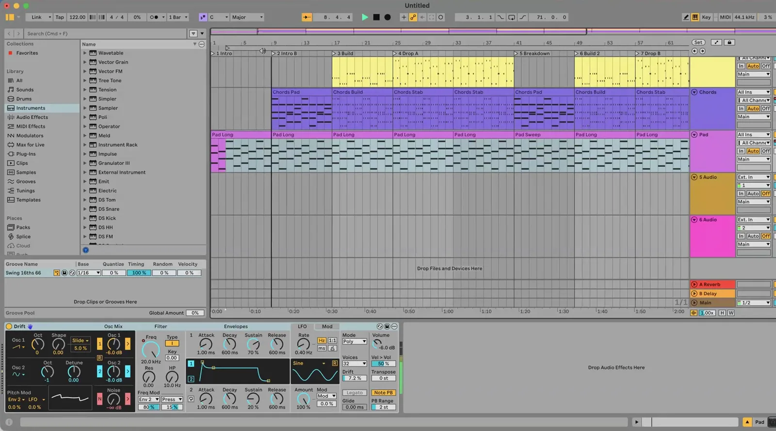 Ableton Live arrangement view: named sections and MIDI clips