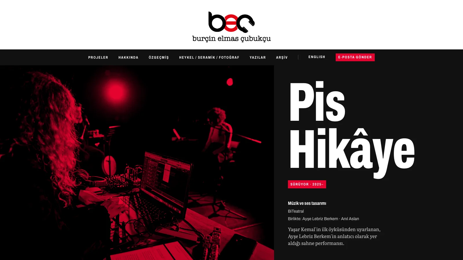 The burcinelmas.com home page: logo, menu and a black-and-red design