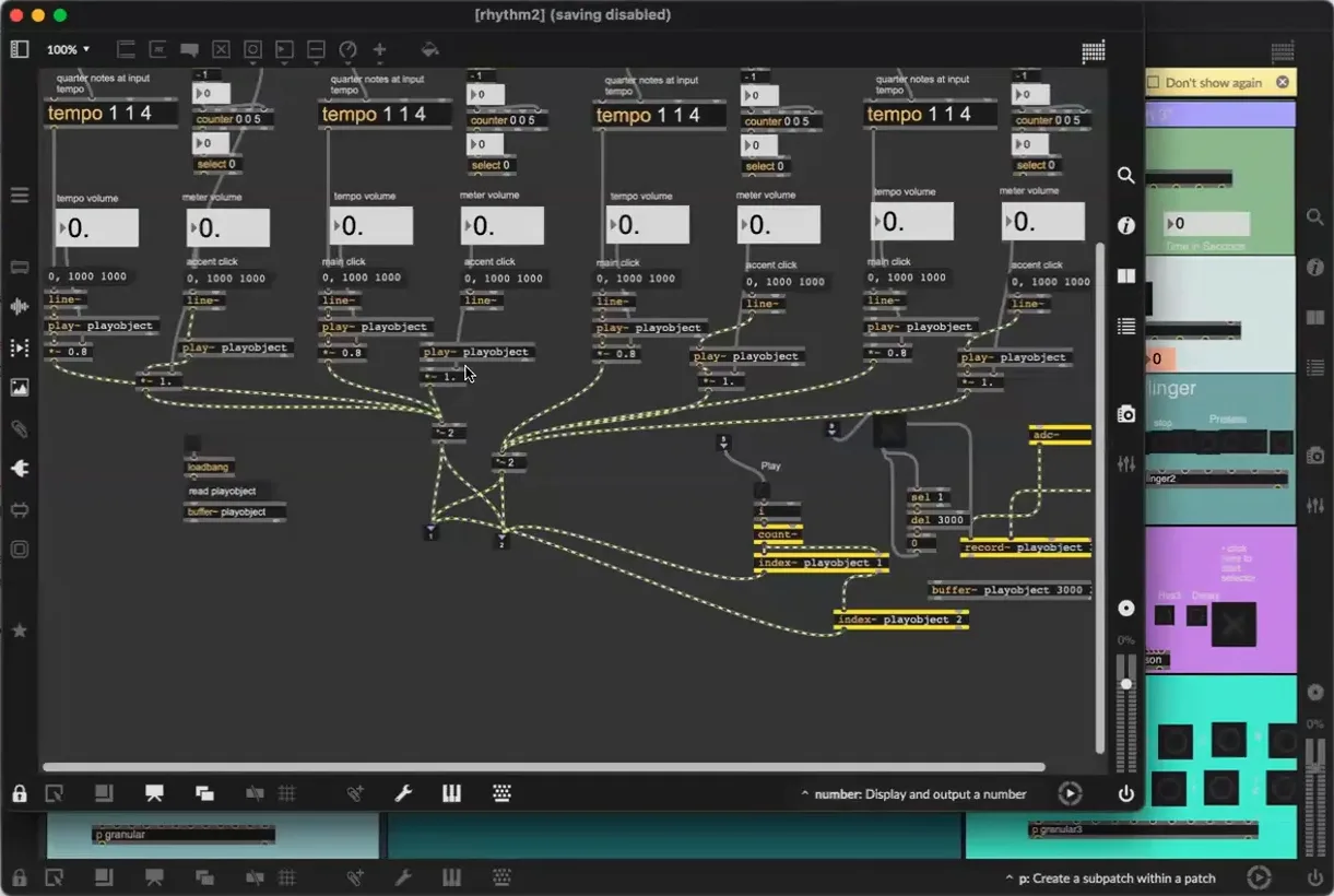 A Max MSP patch: tempo, counter and buffer objects