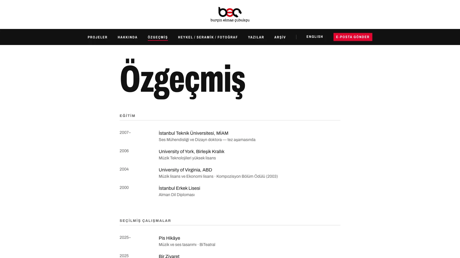 The site's CV page: education and selected work